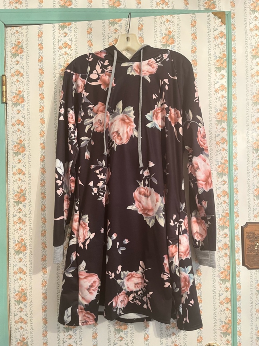 Black Floral Hoodie Dress with Pink Roses